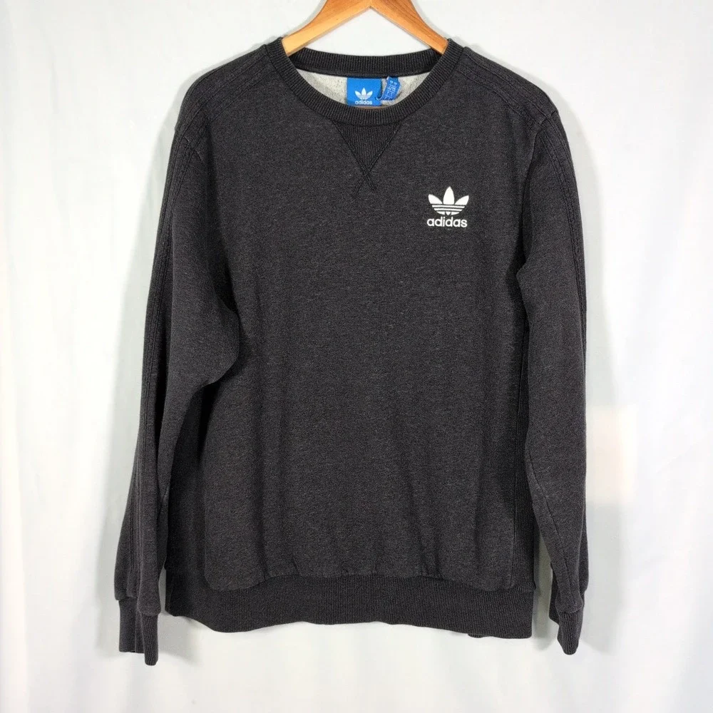 Adidas Black Dark Gray Crewneck Sweatshirt size L Stripes Trefoil